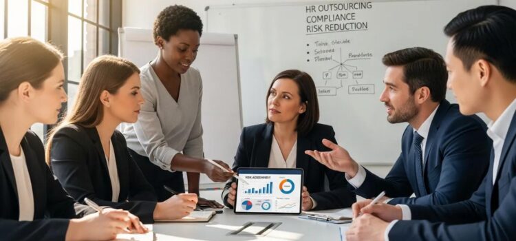 Minimize Compliance Risks: 5 Ways to Outsource HR Services Diverse business professionals collaborating on HR outsourcing compliance risk reduction strategies