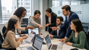 Diverse professionals collaborating on payroll reconciliation and error resolution in a modern office setting