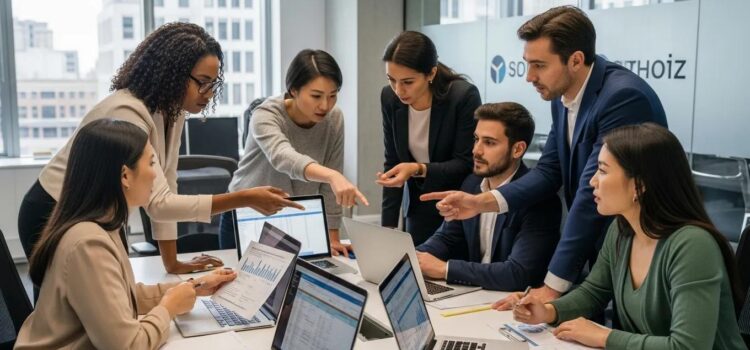 Payroll Reconciliation and Error Resolution Guide Diverse professionals collaborating on payroll reconciliation and error resolution in a modern office setting