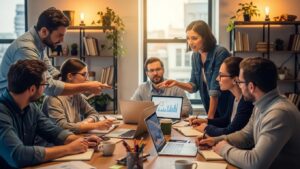 Diverse professionals collaborating on payroll reporting and reconciliation in a cozy office setting