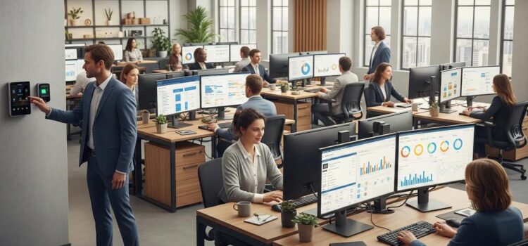 Employees using digital timekeeping systems and tracking productivity in a modern office environment