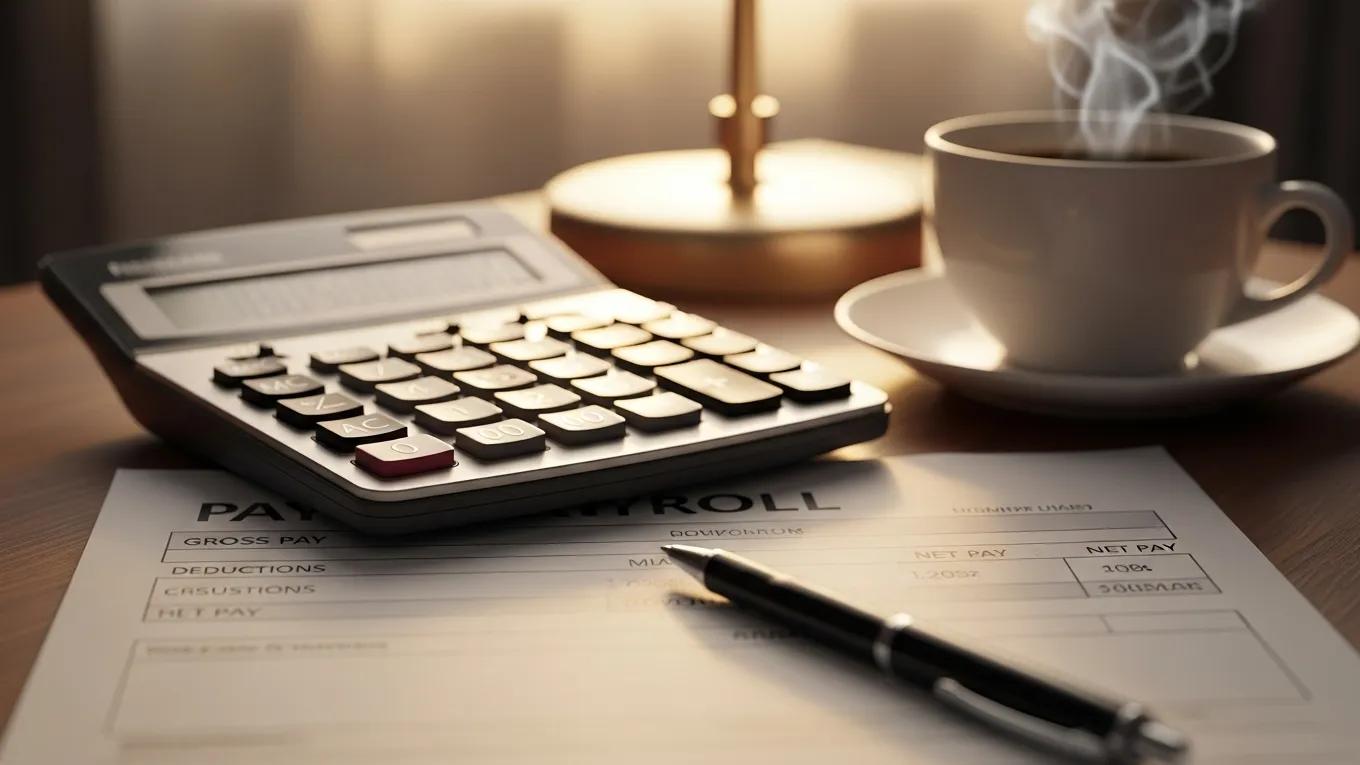 Payroll documents and a calculator used for calculating employee wages and deductions