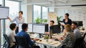 Diverse team collaborating on payroll administration tasks in a modern office environment