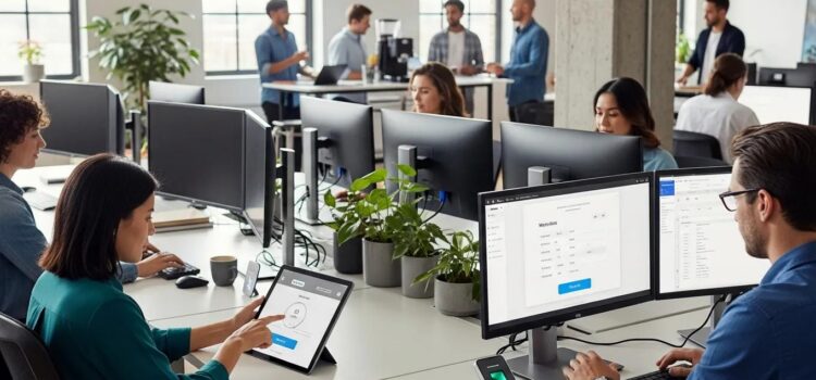 Employees using digital timekeeping systems in a modern office environment to track work hours