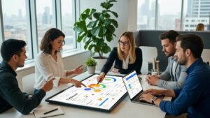 Employees collaborating in a modern office using time tracking software to monitor attendance and productivity