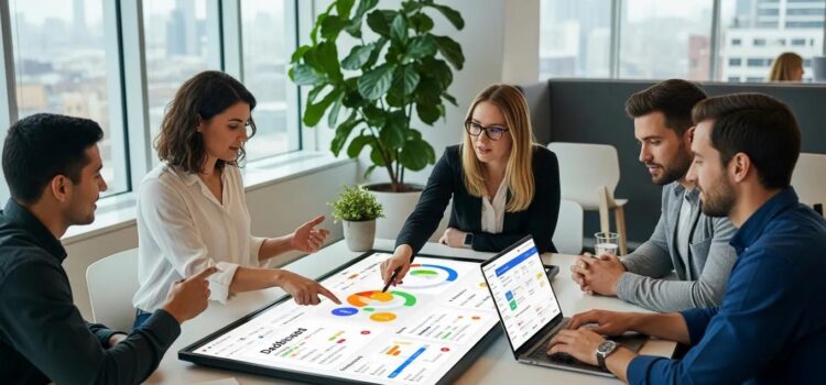 Time & Attendance Systems and PTO Policy Integration Employees collaborating in a modern office using time tracking software to monitor attendance and productivity
