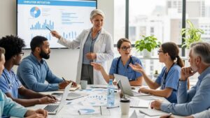 Diverse healthcare professionals collaborating on HR strategies for clinic workforce management