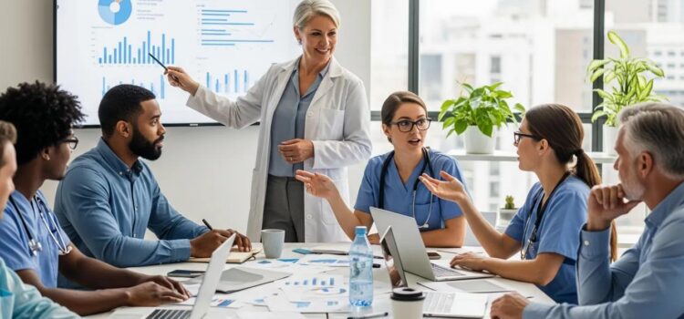 Diverse healthcare professionals collaborating on HR strategies for clinic workforce management