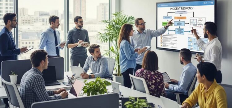 Employee Incident Response and Reporting Procedures Diverse employees collaborating on employee incident response and workplace safety protocols in a modern office