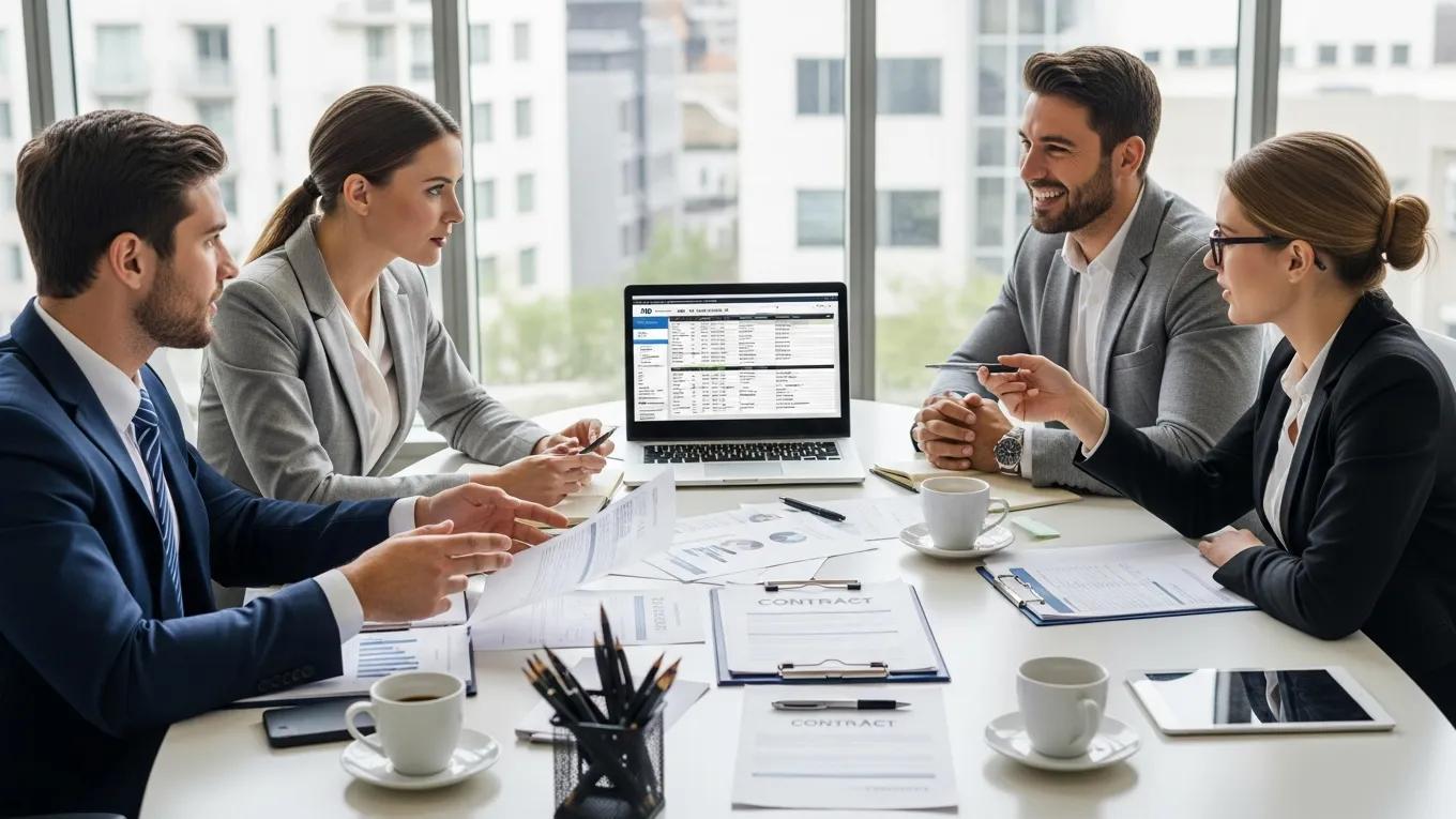 Business meeting between a company and payroll service provider discussing compliance