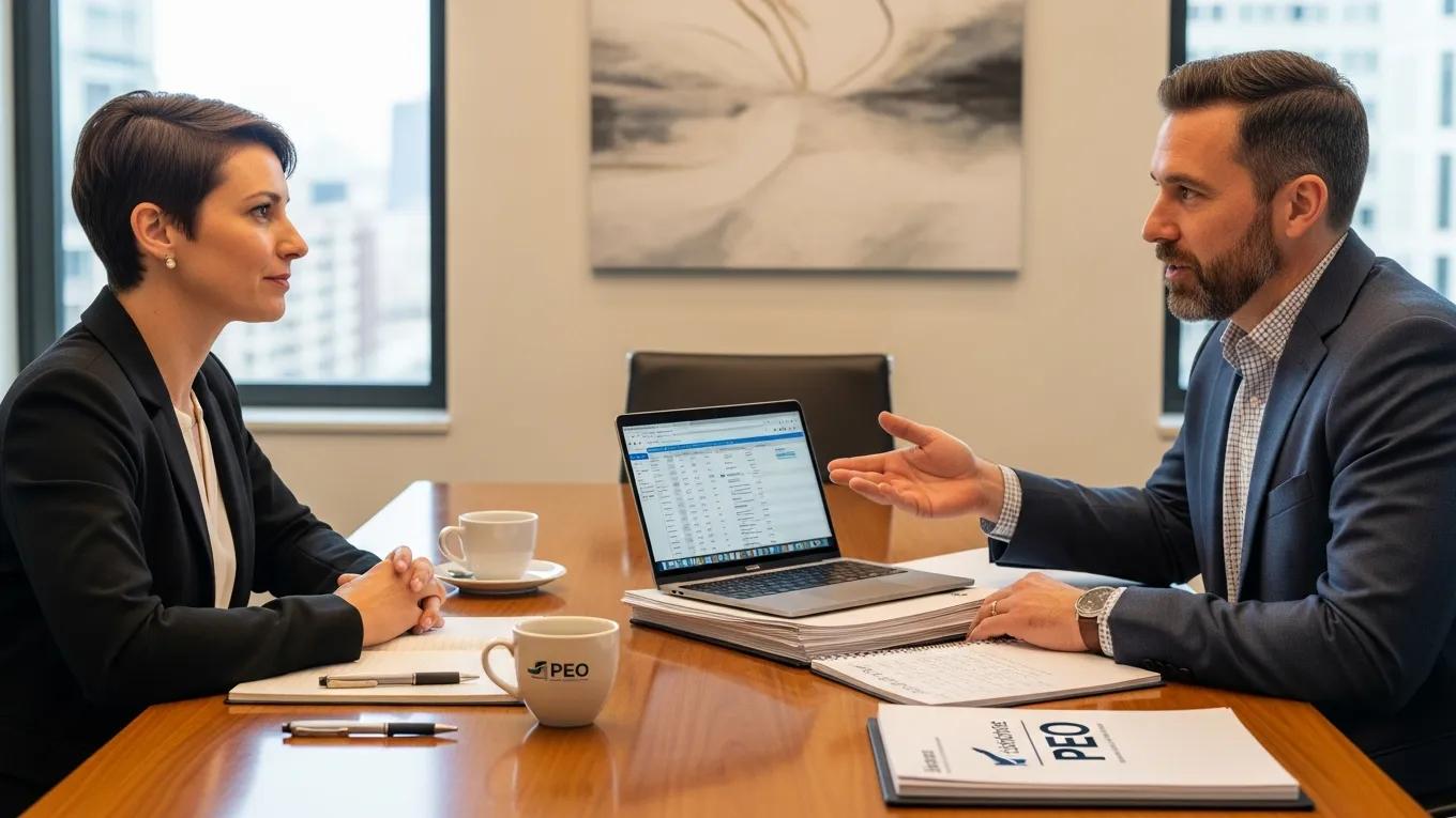 Business meeting between company and PEO consultant discussing payroll solutions