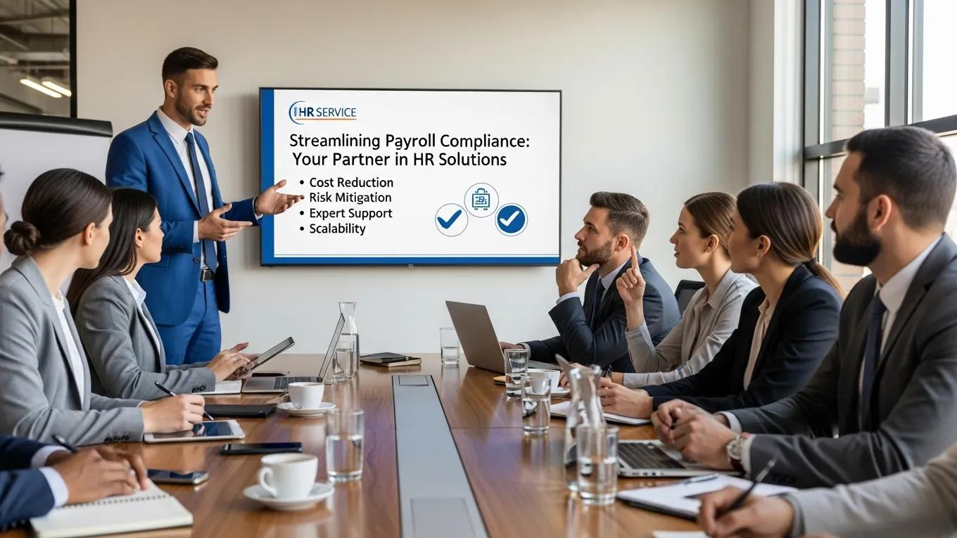 Business meeting discussing outsourced payroll compliance solutions with HR service provider