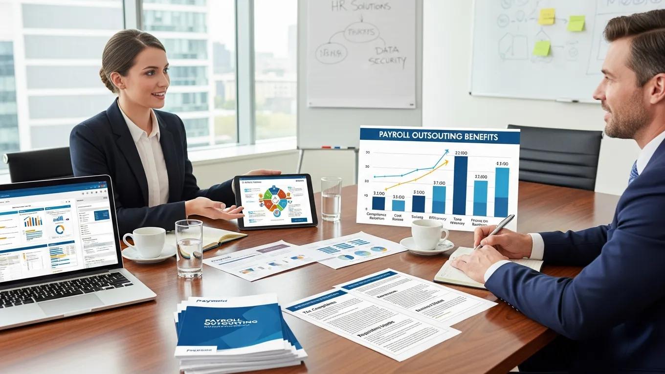 Business meeting discussing the benefits of outsourced payroll services for compliance