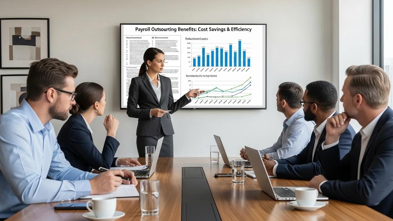 Business meeting discussing the benefits of outsourcing payroll services