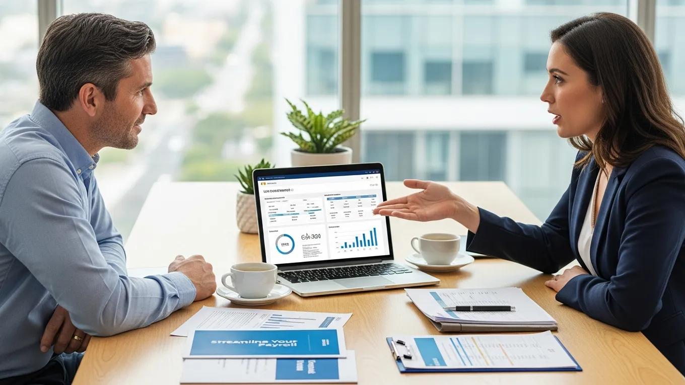 Business owner consulting with a payroll outsourcing expert in a modern office