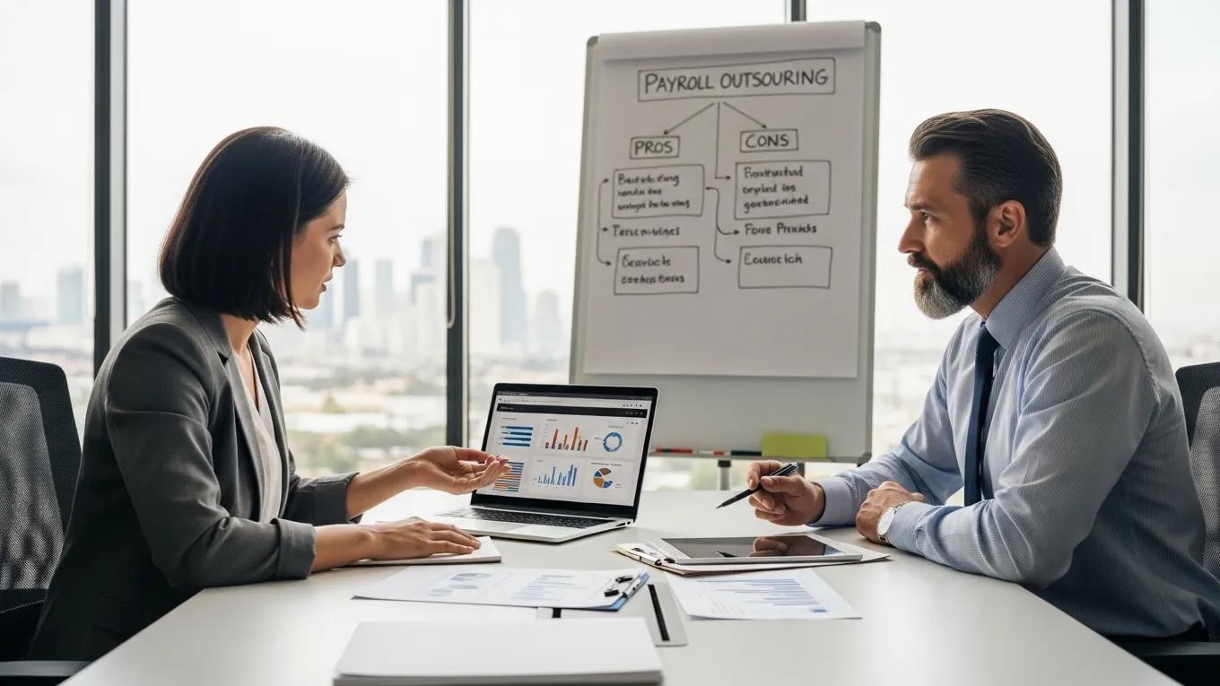 Business owner discussing payroll outsourcing benefits with a consultant in a modern office