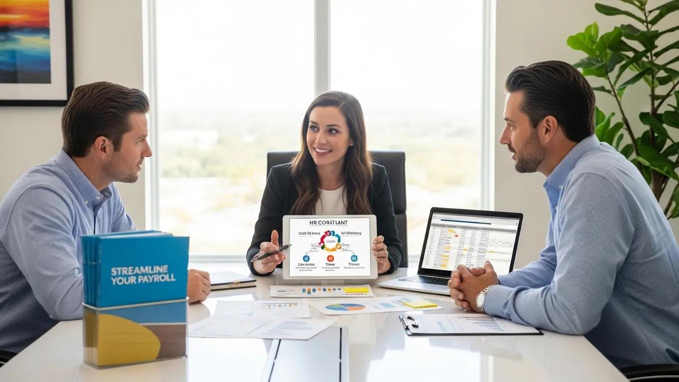 Business owner discussing payroll outsourcing benefits with an HR consultant