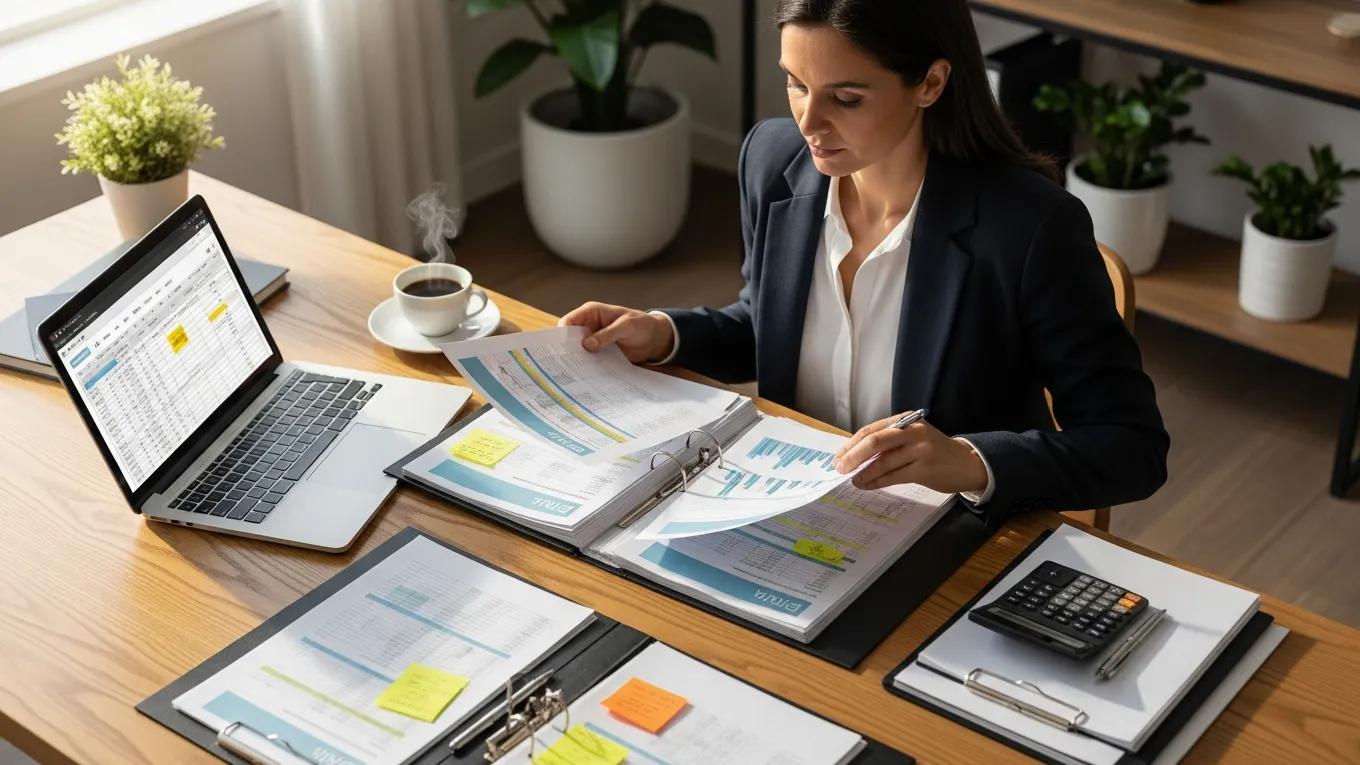 Business owner reviewing detailed HR outsourcing proposals and pricing on a desk
