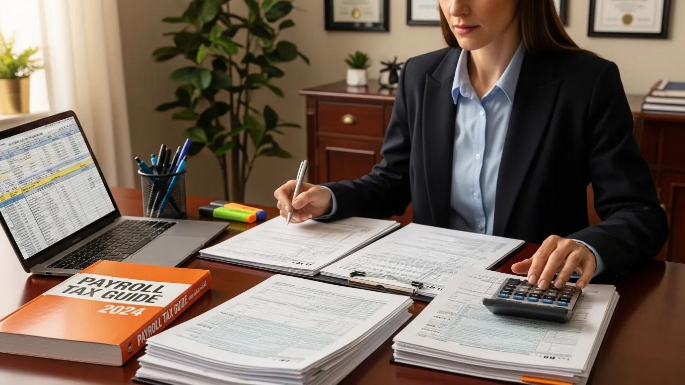 Business owner reviewing payroll tax documents with a calculator in an organized office