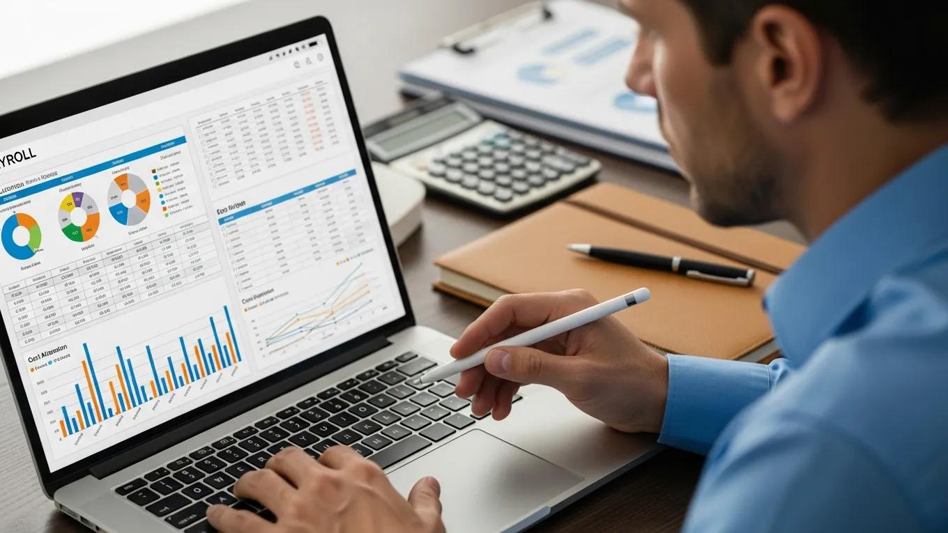 Business professional analyzing payroll data and cost allocation methods for workforce cost optimization