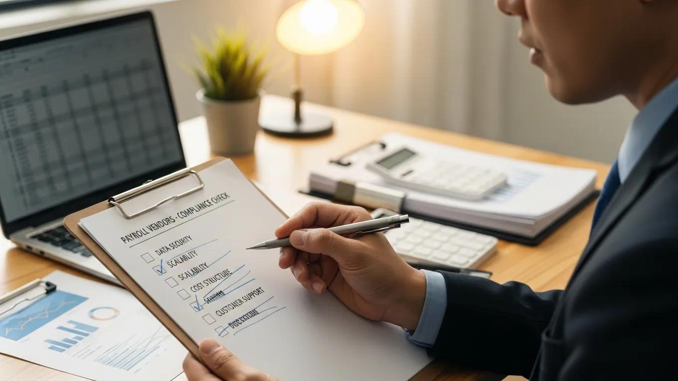 Business professional evaluating payroll vendors with a checklist in a workspace