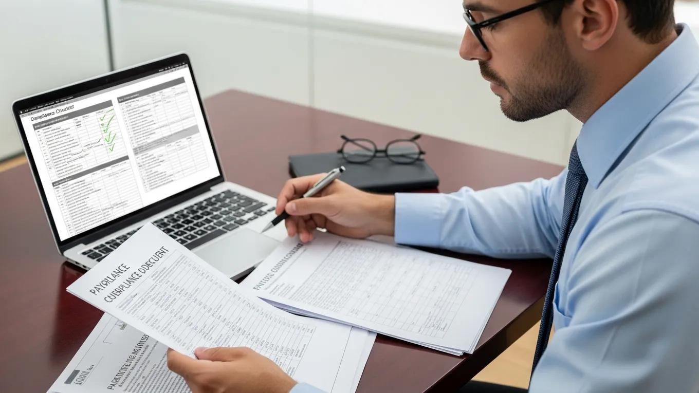 Business professional reviewing payroll compliance documents and checklist