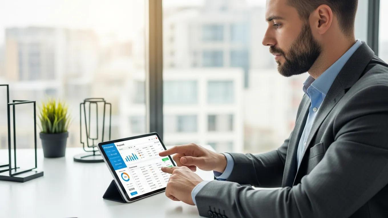 Business professional using payroll software on a tablet in a modern office