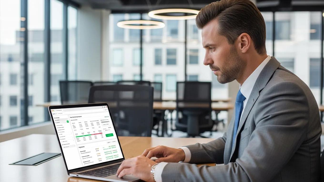 Business professional using payroll tax compliance software on a laptop
