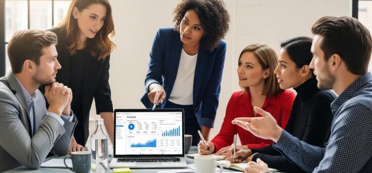 Business professionals collaborating on payroll vendor selection in a modern office