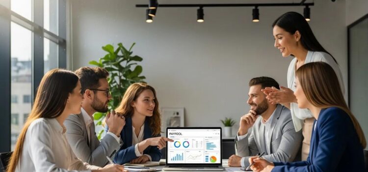 Business professionals collaborating on payroll vendor selection in a modern office
