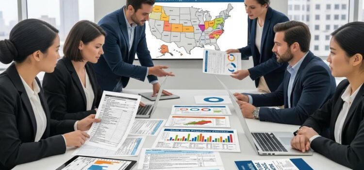 Business professionals discussing multi-state payroll compliance in a modern office