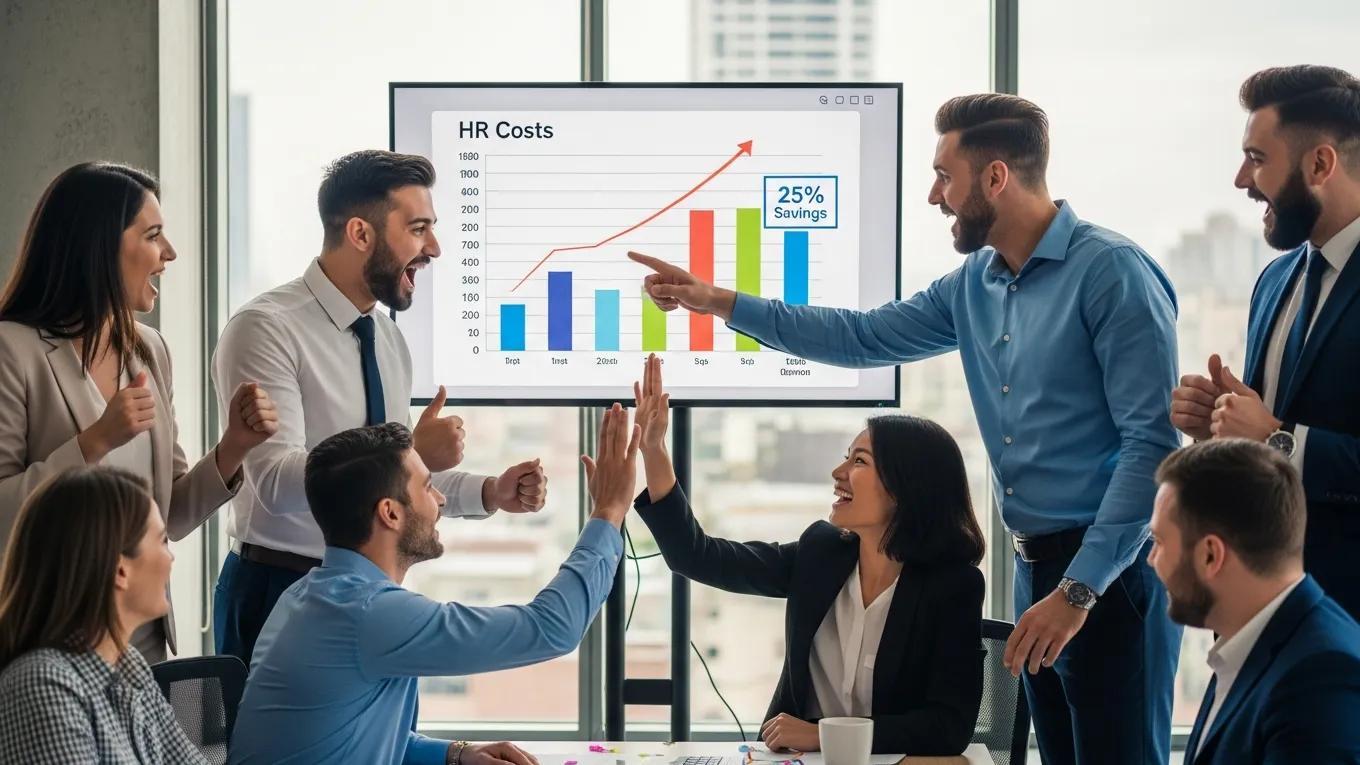 Business team celebrating measurable cost savings and compliance improvements from HR outsourcing solutions