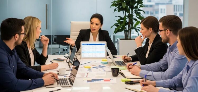 Business team evaluating payroll vendors in a modern office setting
