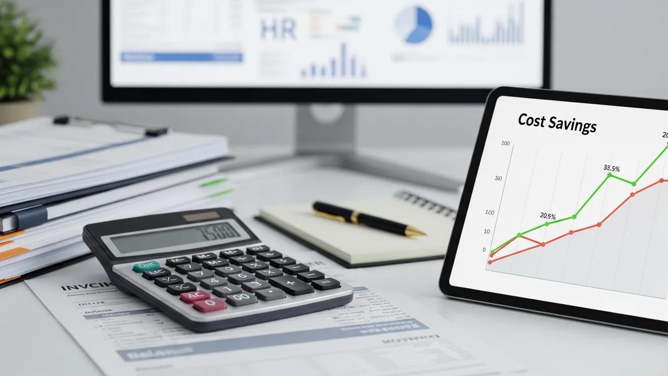 Calculator and financial documents illustrating cost savings from outsourced HR recruitment