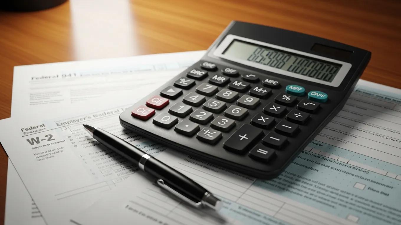 Calculator and tax forms on a desk representing federal payroll tax calculations