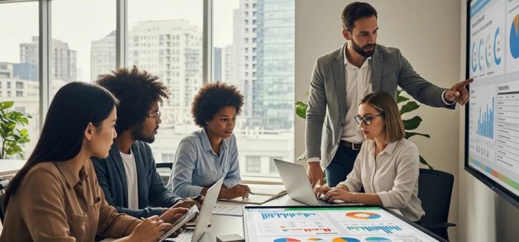 Employers and employees collaborating on payroll compliance tasks in a modern office setting