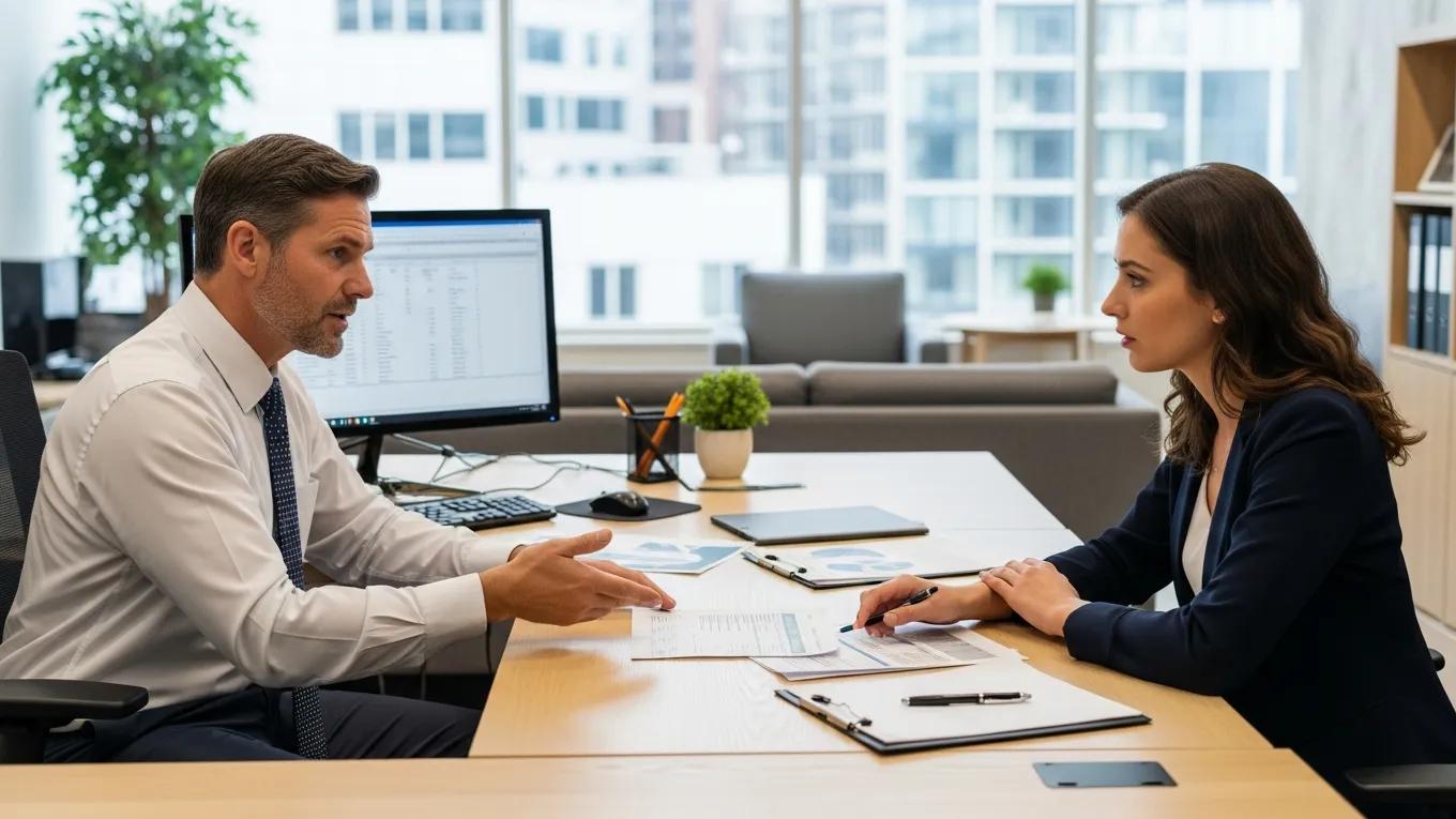 Employer explaining wage garnishment processes and compliance responsibilities to an employee in a modern office