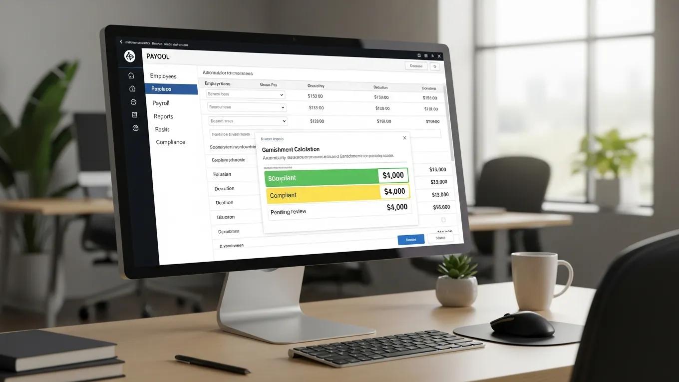 Payroll software displaying automated calculations for wage garnishments ensuring compliance in a productive workspace
