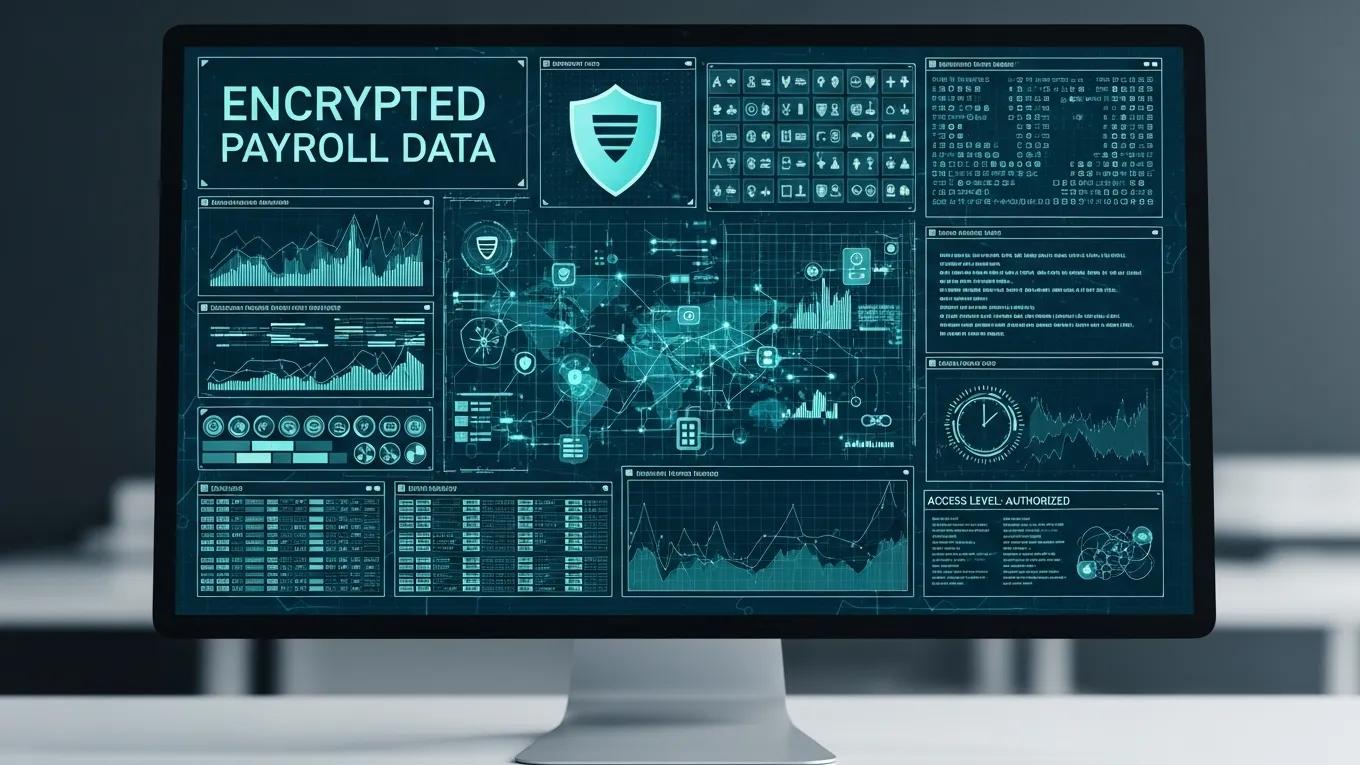 Computer screen showing encrypted payroll data to ensure security