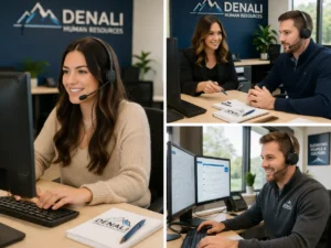 Denali Human Resources team members working at computers, wearing headsets, and collaborating.