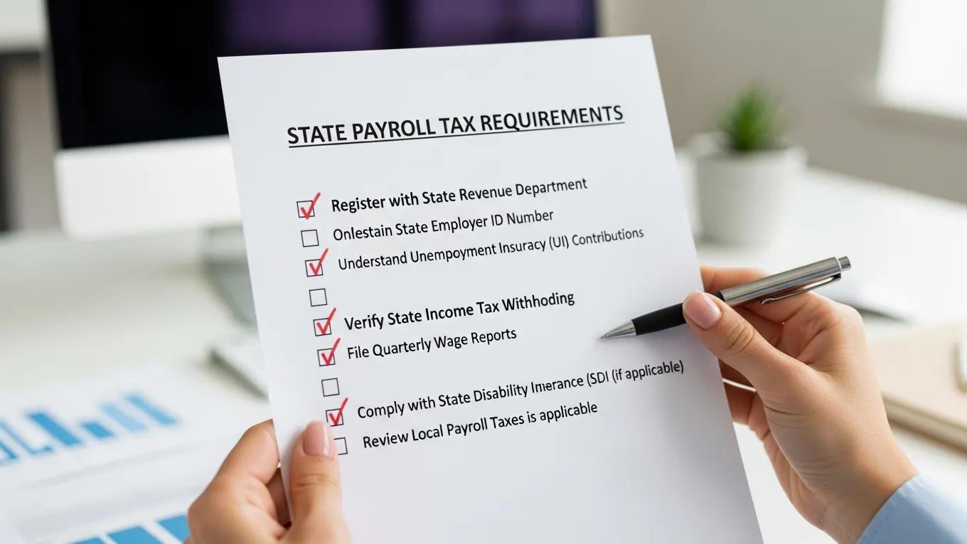 Checklist detailing essential state payroll tax requirements for businesses operating in multiple states