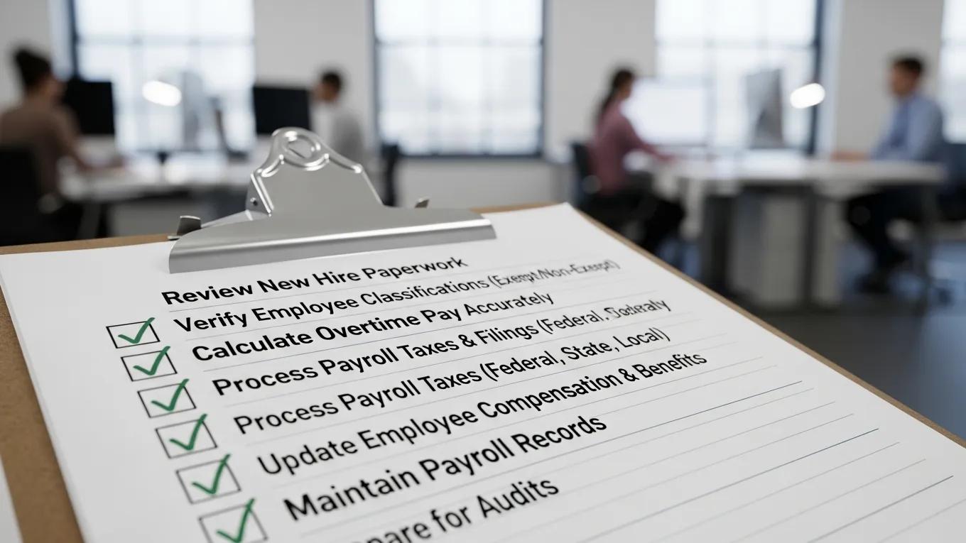 Checklist of payroll compliance tasks on a clipboard in an office setting