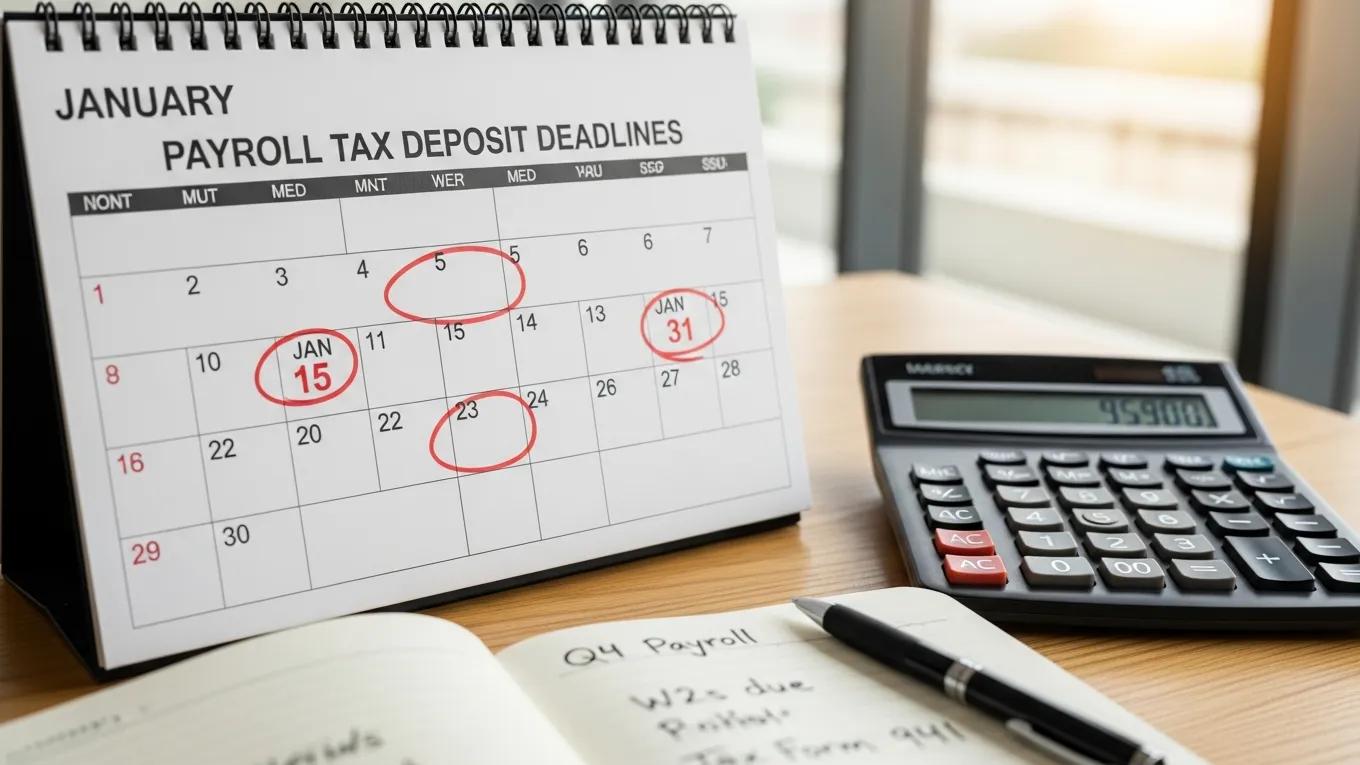 Calendar highlighting payroll tax deposit deadlines alongside a calculator for compliance management