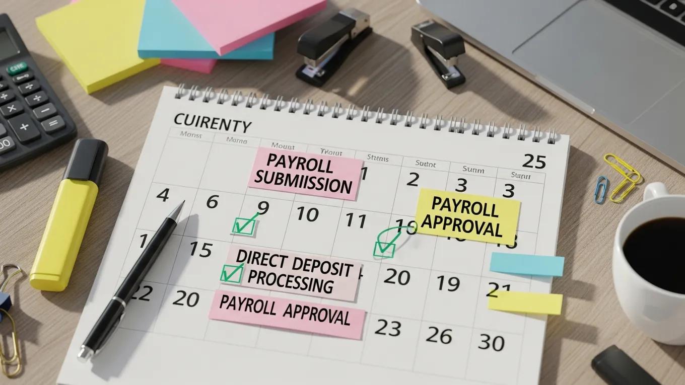 Close-up of a calendar with marked payroll deadlines and office supplies