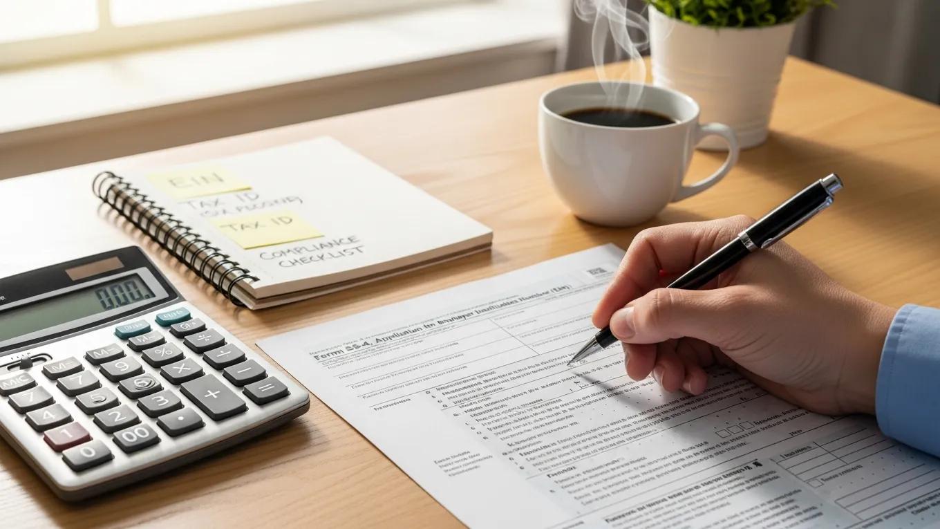 Close-up of a hand filling out federal tax registration form with office supplies