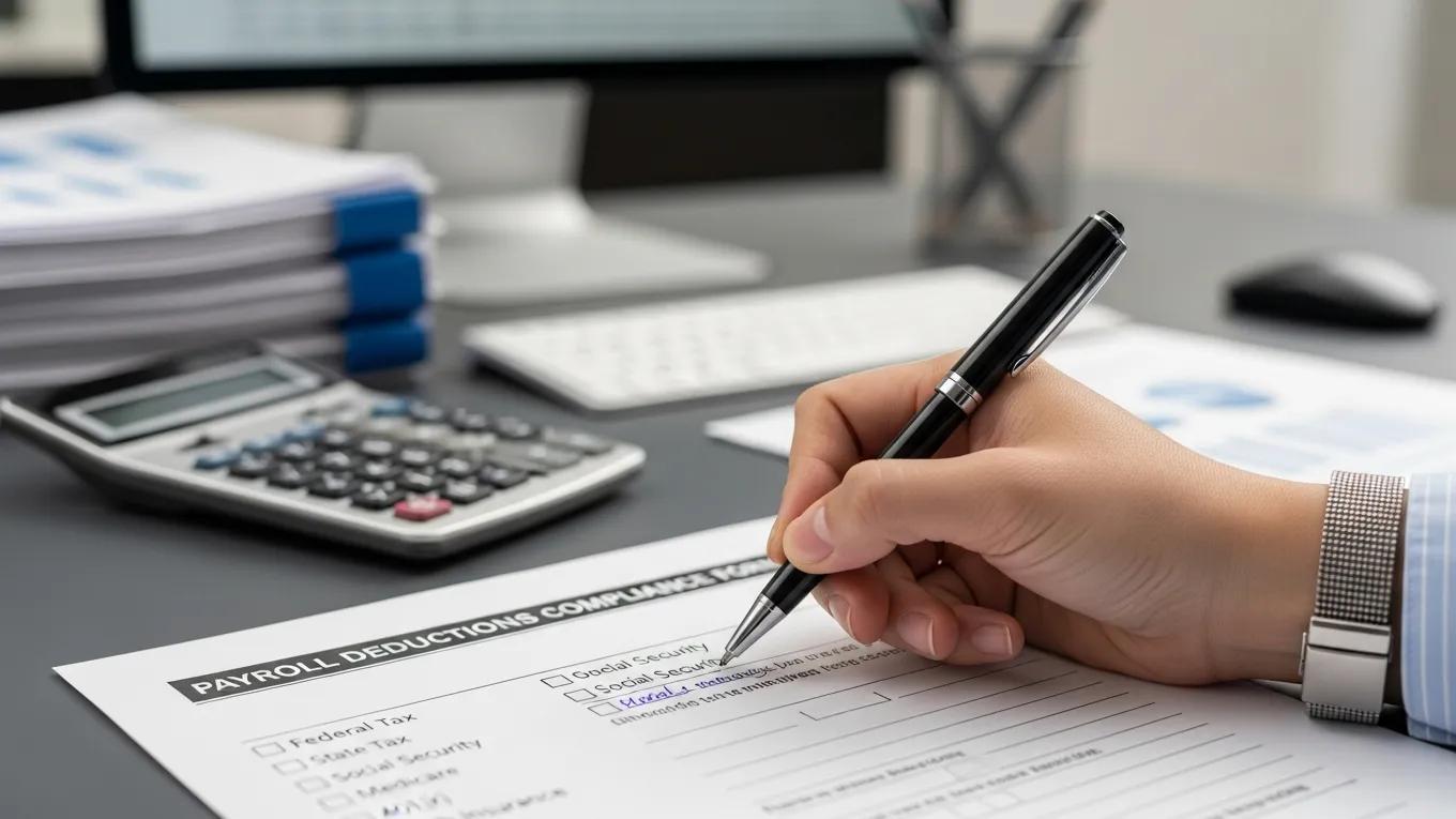 Close-up of a hand writing on a legal document about payroll deductions