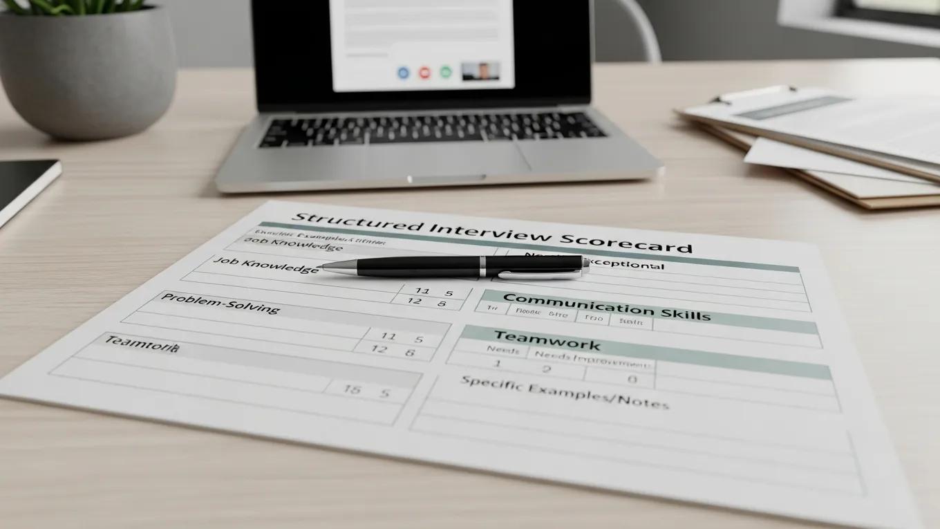 Close-up of an interview scorecard template with scoring criteria and evaluator notes on a desk alongside a pen and laptop