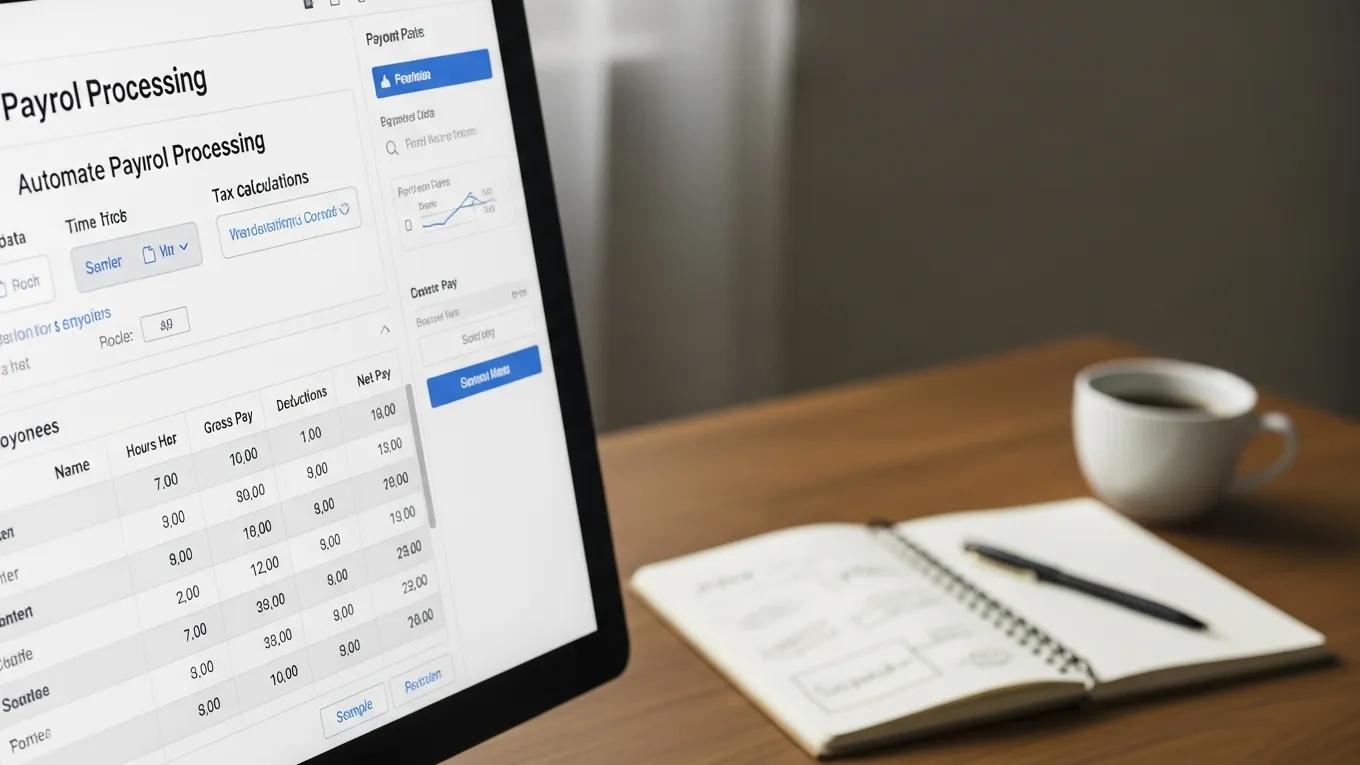 Close-up of automated payroll processing software interface in a productive workspace