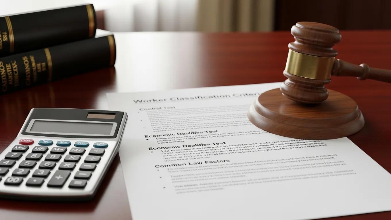 Close-up of legal documents and tools representing worker classification guidelines