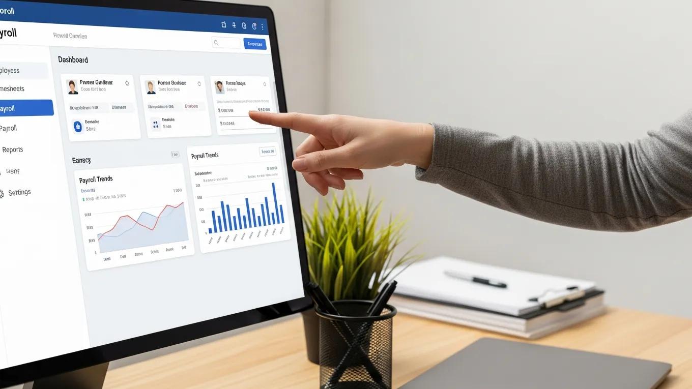 Close-up of payroll software features being evaluated in a professional workspace